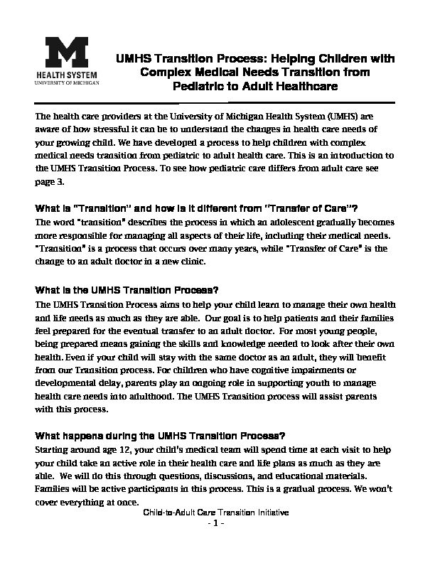 [PDF] UMHS Transition Process: Helping Children with Complex Medical
