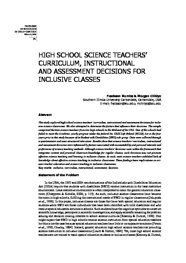 HIGH SCHOOL SCIENCE TEACHERS’ CURRICULUM, INSTRUCTIONAL AND