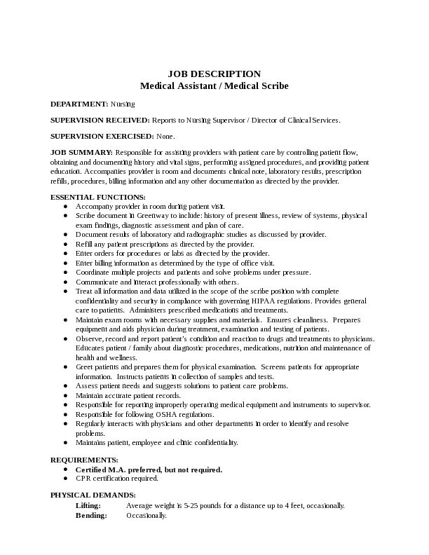 [PDF] JOB DESCRIPTION Medical Assistant / Medical Scribe