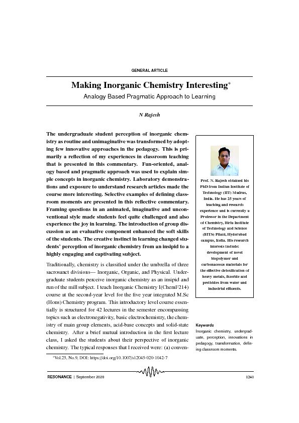 [PDF] Making Inorganic Chemistry Interesting∗ - Indian Academy of