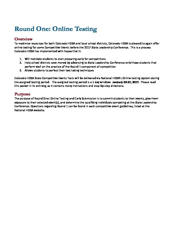 [PDF] Round One: Online Testing - Colorado HOSA