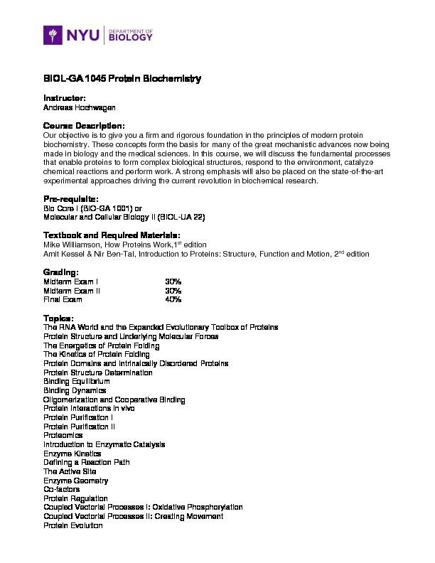 [PDF] BIOL-GA 1045 Protein Biochemistry - NYU Arts & Science