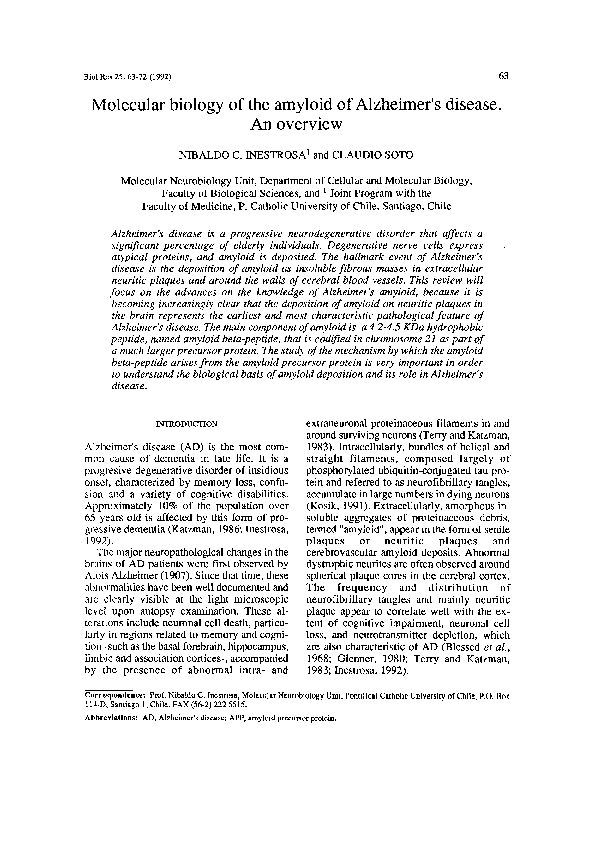 [PDF] Molecular biology of the amyloid of Alzheimers disease An overview