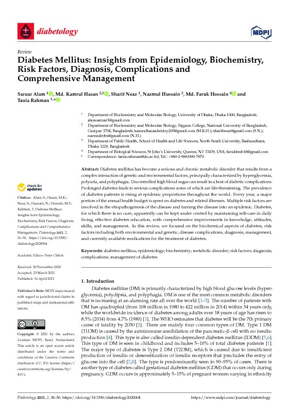 [PDF] Diabetes Mellitus: Insights from Epidemiology, Biochemistry, Risk
