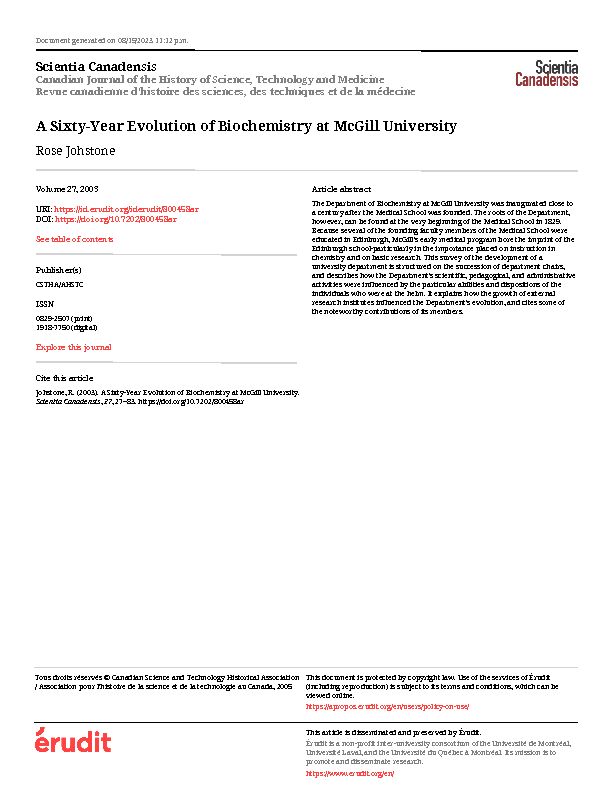 A Sixty-Year Evolution of Biochemistry at McGill University - Érudit