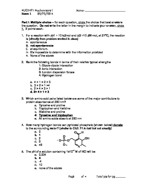 BI/CH421 Biochemistry I Name: Exam 1