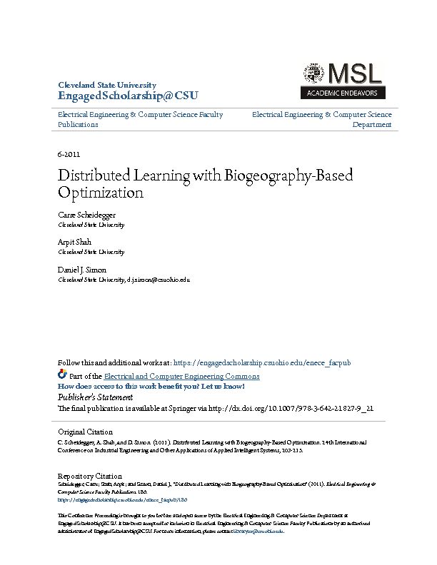 [PDF] Distributed Learning with Biogeography-Based Optimization - CORE