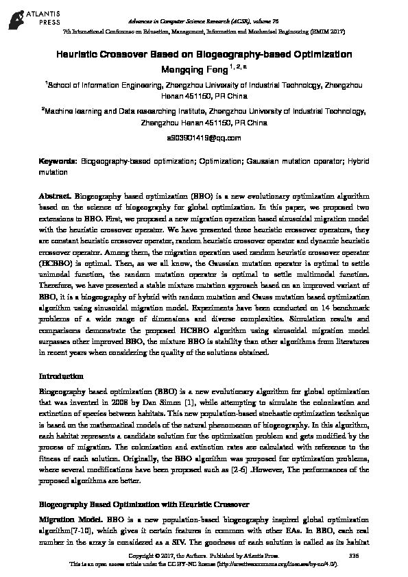 [PDF] Heuristic Crossover Based on Biogeography-based Optimization