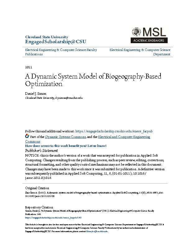[PDF] A Dynamic System Model of Biogeography-Based Optimization