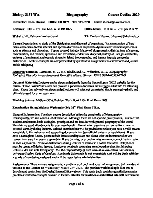 [PDF] Biology 3151 WA Biogeography Course Outline 2020
