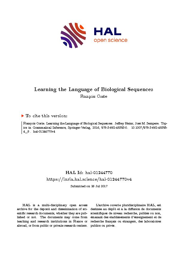 Learning the Language of Biological Sequences  Hal-Inria