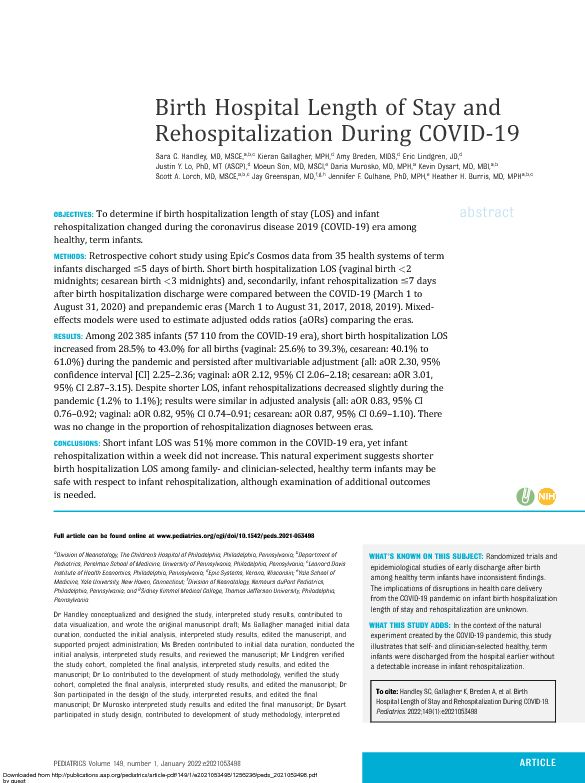Birth Hospital Length of Stay and Rehospitalization During COVID-19