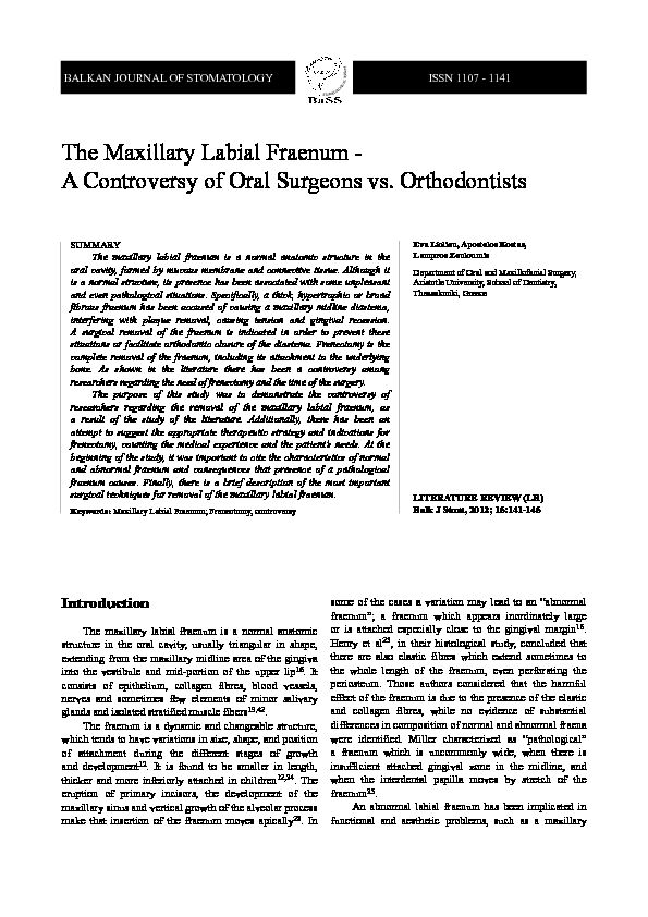 [PDF] The Maxillary Labial Fraenum - A Controversy of Oral Surgeons vs