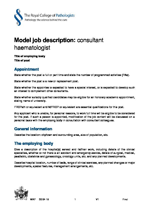 [PDF] Model job description: consultant haematologist