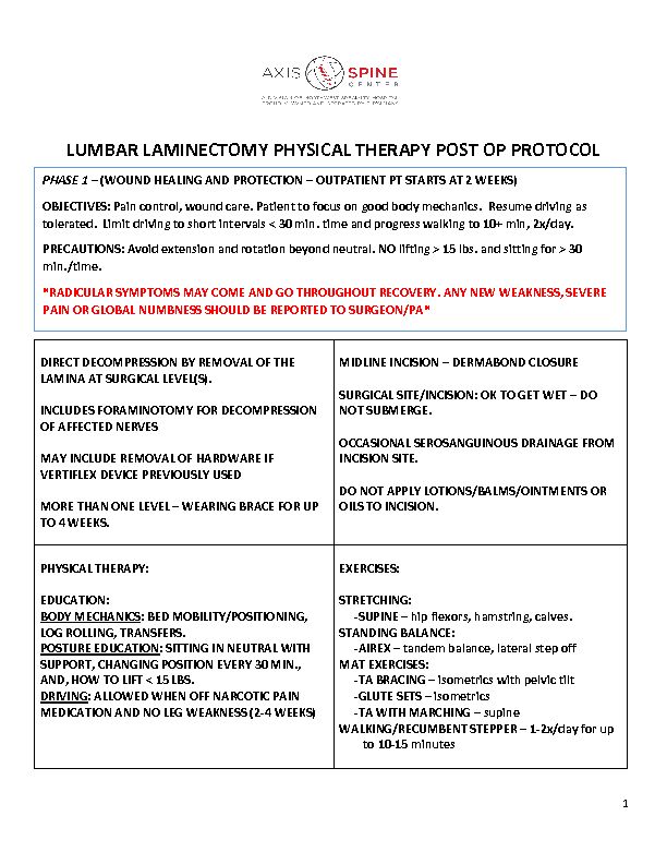 [PDF] LUMBAR LAMINECTOMY PHYSICAL THERAPY POST OP