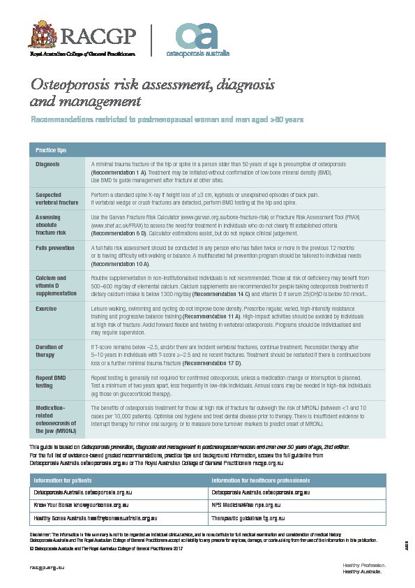 [PDF] Osteoporosis risk assessment, diagnosis and management - RACGP
