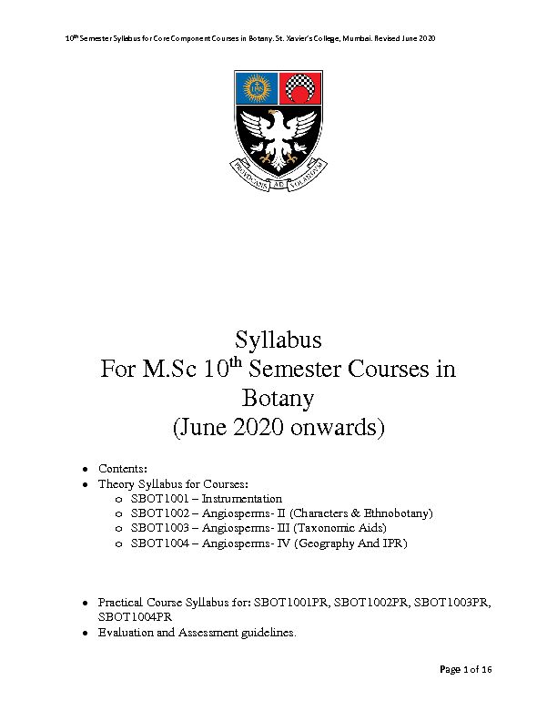 [PDF] Syllabus For MSc 10 Semester Courses in Botany (June 2020