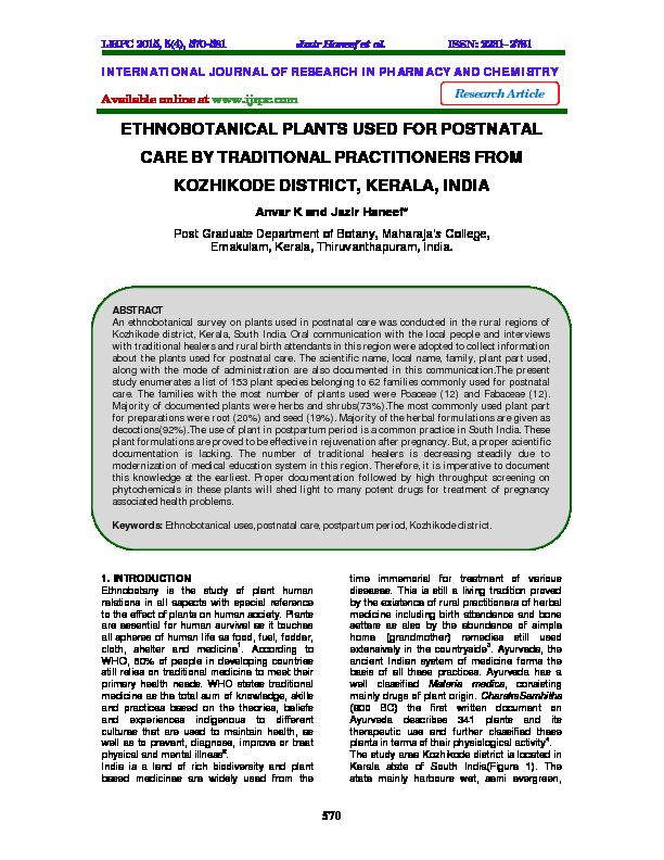 [PDF] ETHNOBOTANICAL PLANTS USED FOR POSTNATAL CARE BY