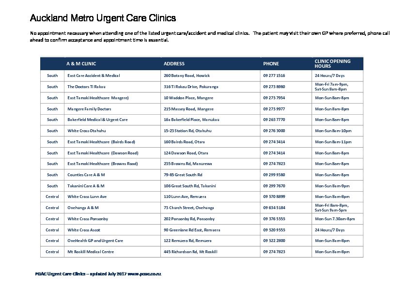 [PDF] Auckland Urgent Care Clinic List - POAC