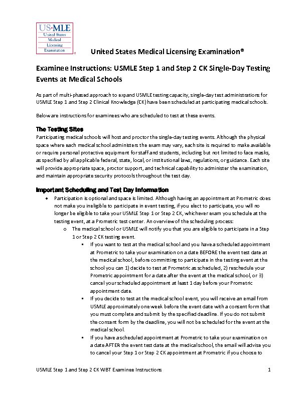 USMLE Step 1 and Step 2 CK Single-Day Testing Events at Med