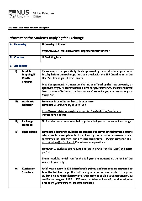 University of Bristol - Information for Students applying for Exchange
