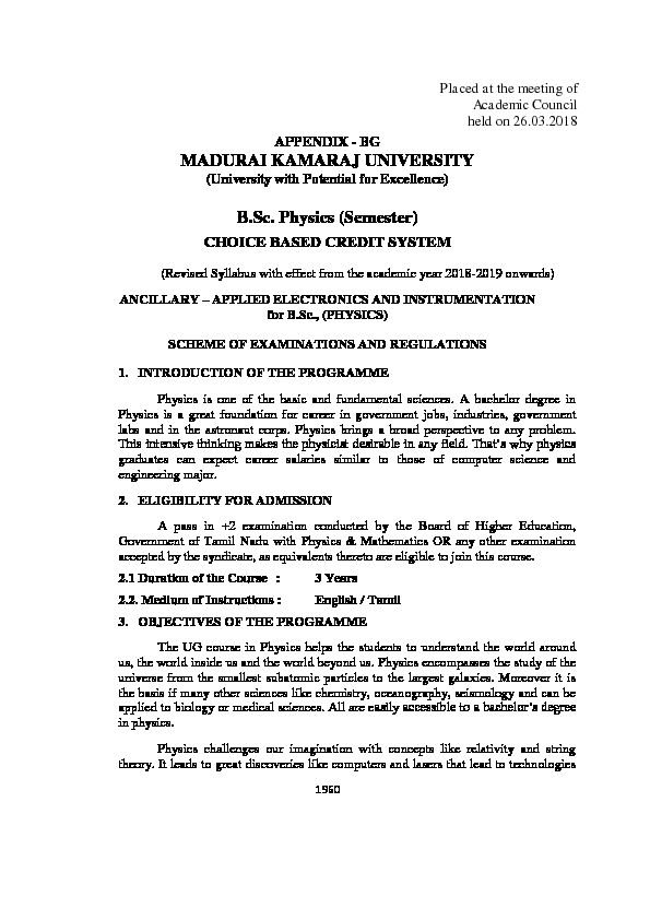 MADURAI KAMARAJ UNIVERSITY BSc Physics (Semester)