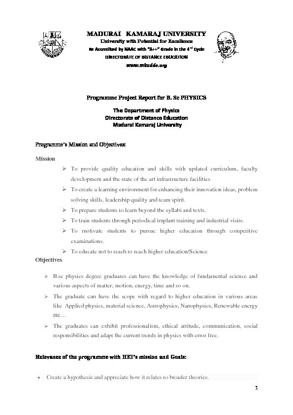Programme Project Report for B Sc PHYSICS