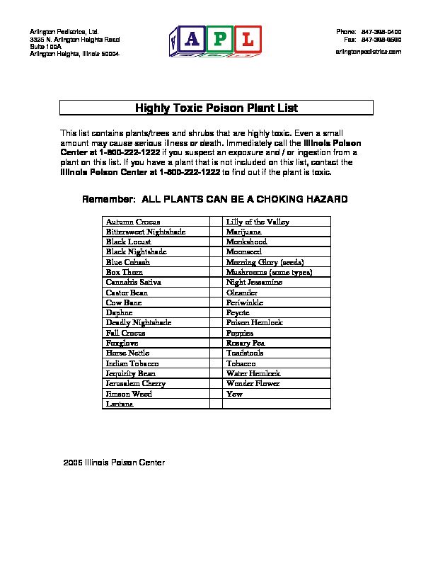 [PDF] Highly Toxic Poison Plant List - Arlington Pediatrics, Ltd