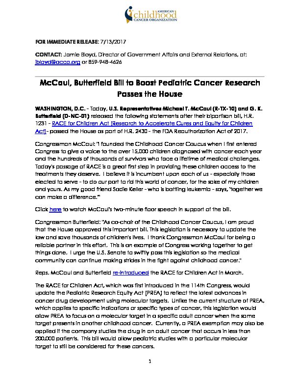 [PDF] McCaul, Butterfield Bill to Boost Pediatric Cancer Research Passes
