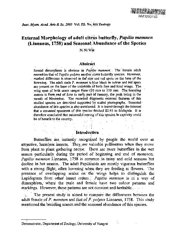 [PDF] External Morphology of adult citrus butterfly, Papilio memnon