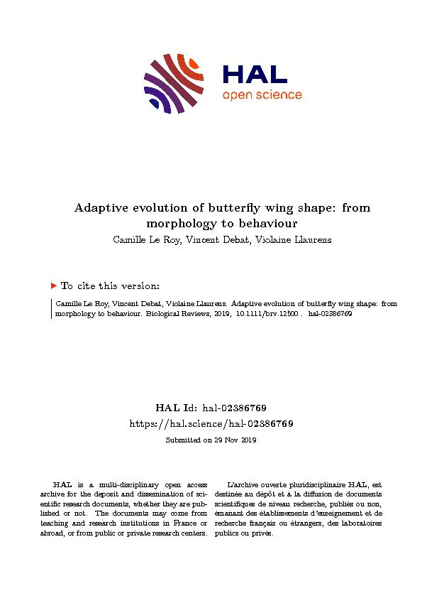 [PDF] Adaptive evolution of butterfly wing shape - Archive ouverte HAL