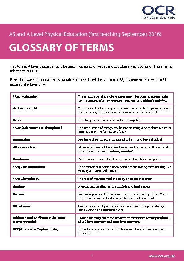 [PDF] AS and A Level Physical Education - Glossary of Terms - OCR
