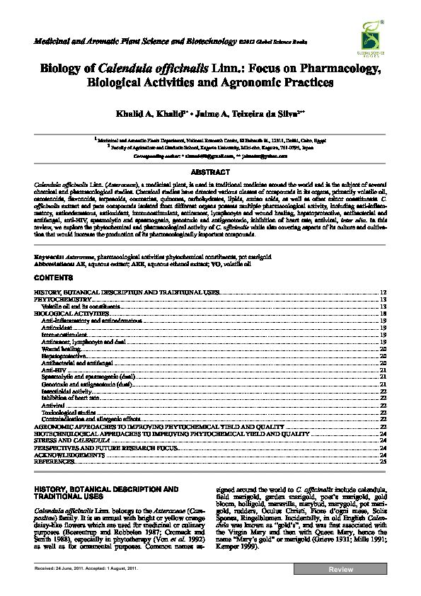 [PDF] Biology of Calendula officinalis Linn: Focus on Pharmacology