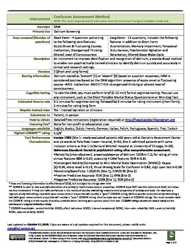 [PDF] Instrument Confusion Assessment Method - NIDUS Delirium Network