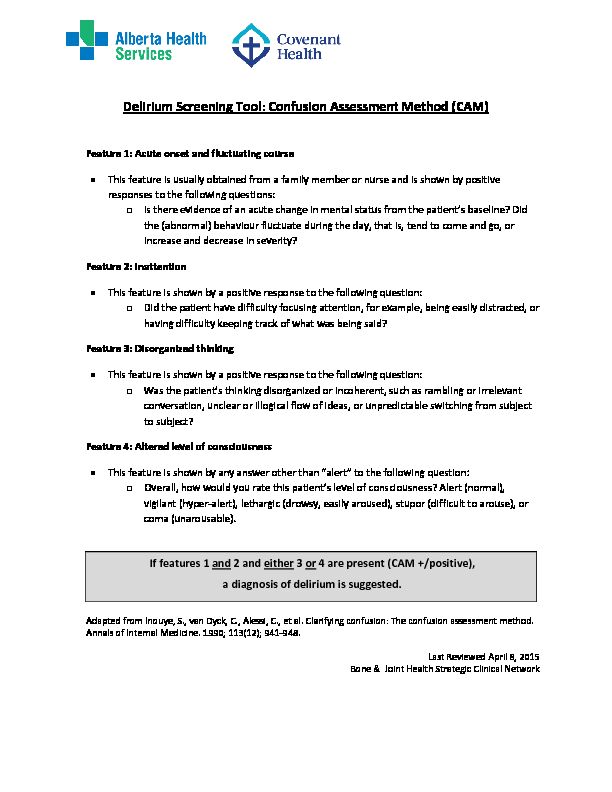[PDF] Delirium Screening Tool: Confusion Assessment Method (CAM)