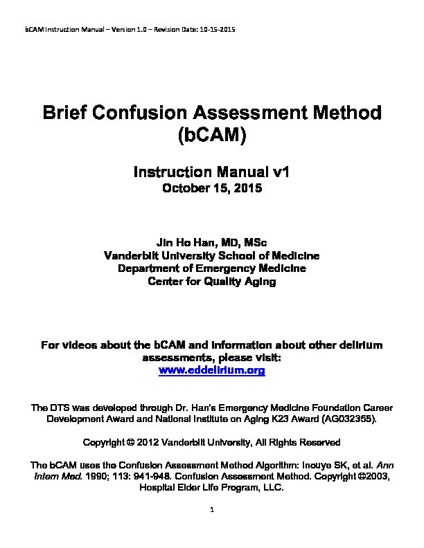 [PDF] Brief Confusion Assessment Method (bCAM) - ED Delirium