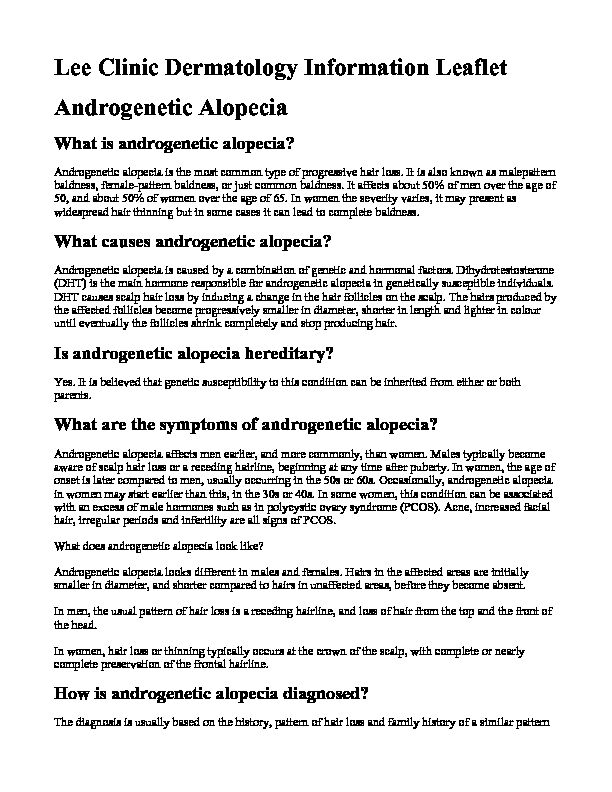 [PDF] Dermatologist Cork  Androgenetic Alopecia - Lee Clinic Dermatology