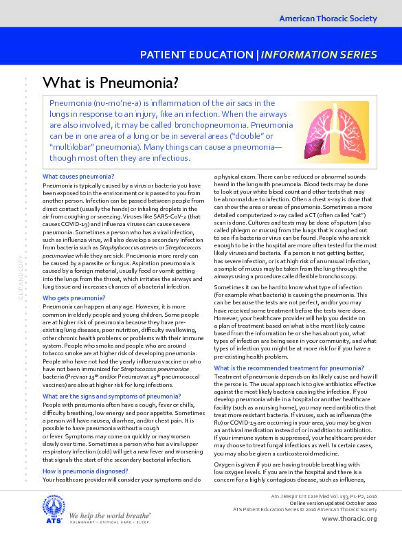 [PDF] What is Pneumonia? - American Thoracic Society