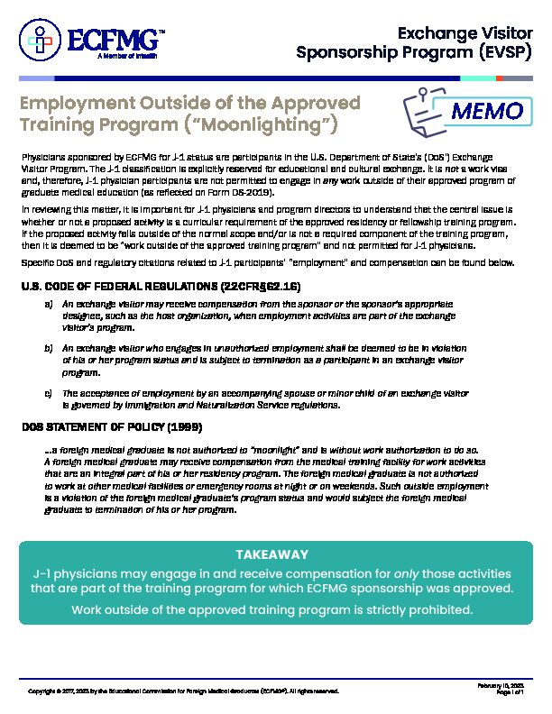 [PDF] Employment Outside of the Approved Training Program  - ECFMG