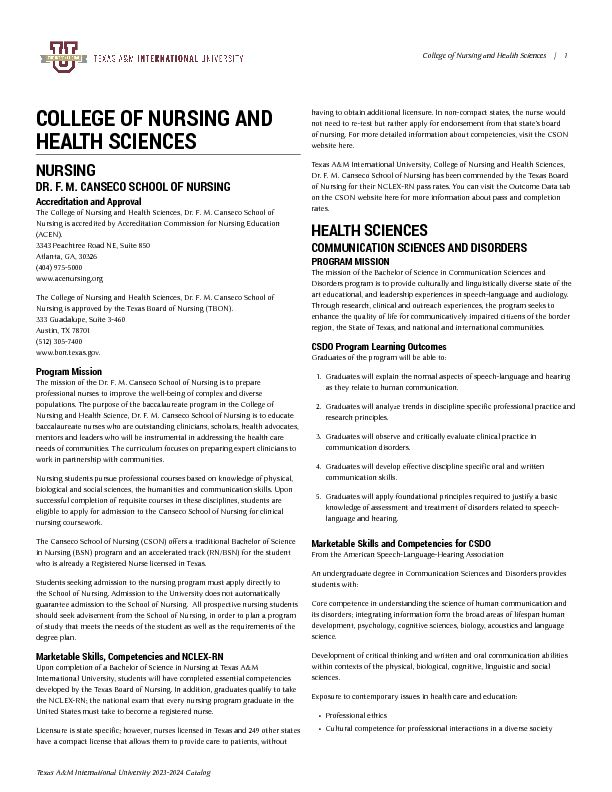 [PDF] College of Nursing and Health Sciences  TAMIU Catalog