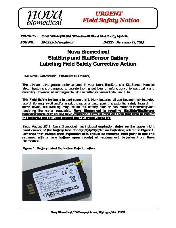 [PDF] Nova Biomedical StatStrip and StatSensor Battery Labeling Field