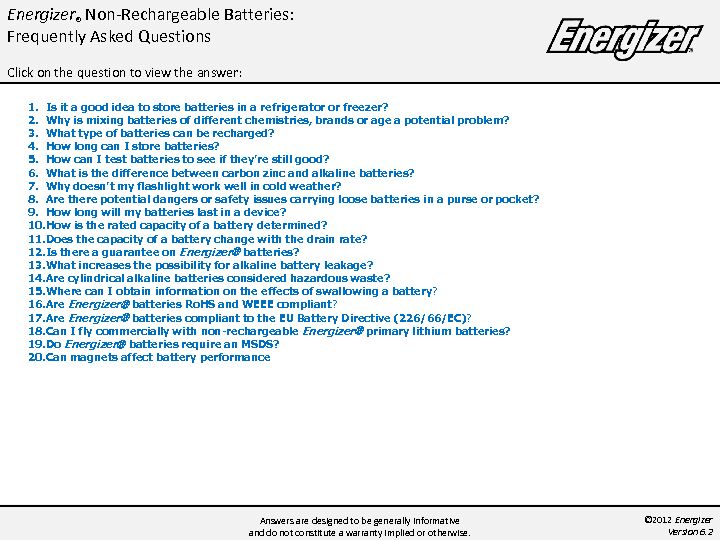[PDF] Energizer Non-Rechargeable Batteries: Frequently Asked Questions
