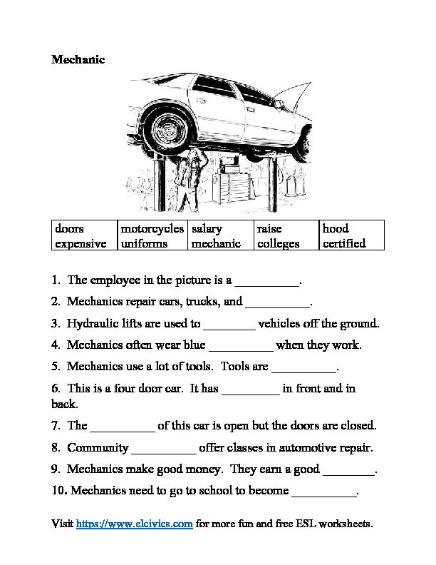 [PDF] ESL Cloze Worksheet - Mechanic - EL Civics