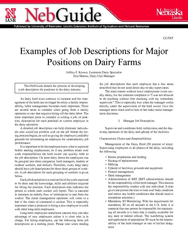 [PDF] Examples of Job Descriptions for Major Positions on Dairy Farms