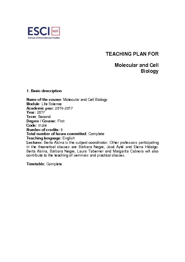 [PDF] TEACHING PLAN FOR Molecular and Cell Biology - ESCI-UPF