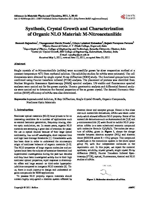 [PDF] Synthesis, Crystal Growth and Characterization of Organic NLO