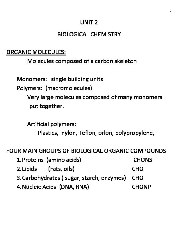 [PDF] UNIT 2 BIOLOGICAL CHEMISTRY ORGANIC MOLECULES