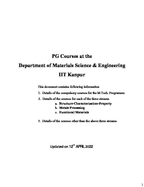 PG Courses at the Department of Materials Science & Engineering