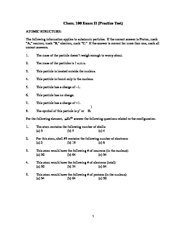 Chem 100 Exam II (Practice Test)