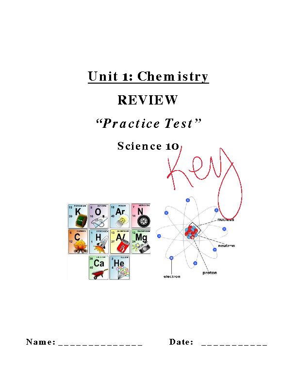 Unit 1: Chemistry REVIEW “Practice Test”